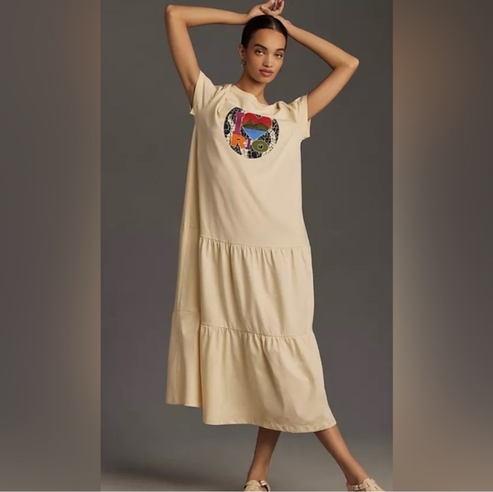 Farm Rio NWTs I Love Rio Cream Tiered Midi Dress